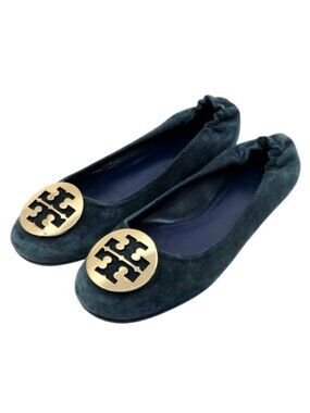 TORY BURCH~Gold Reva Logo~BALLET FLATS~BLUE SUEDE LEATHER SHOES~9.5M